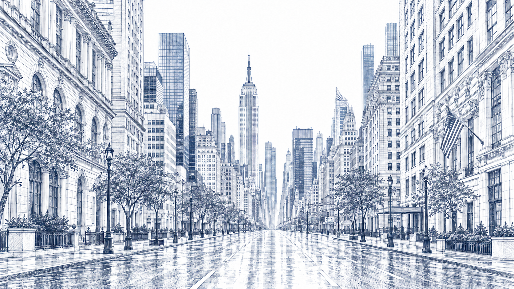 An illustrated Manhattan avenue with a taxi arriving at the NYSE community market